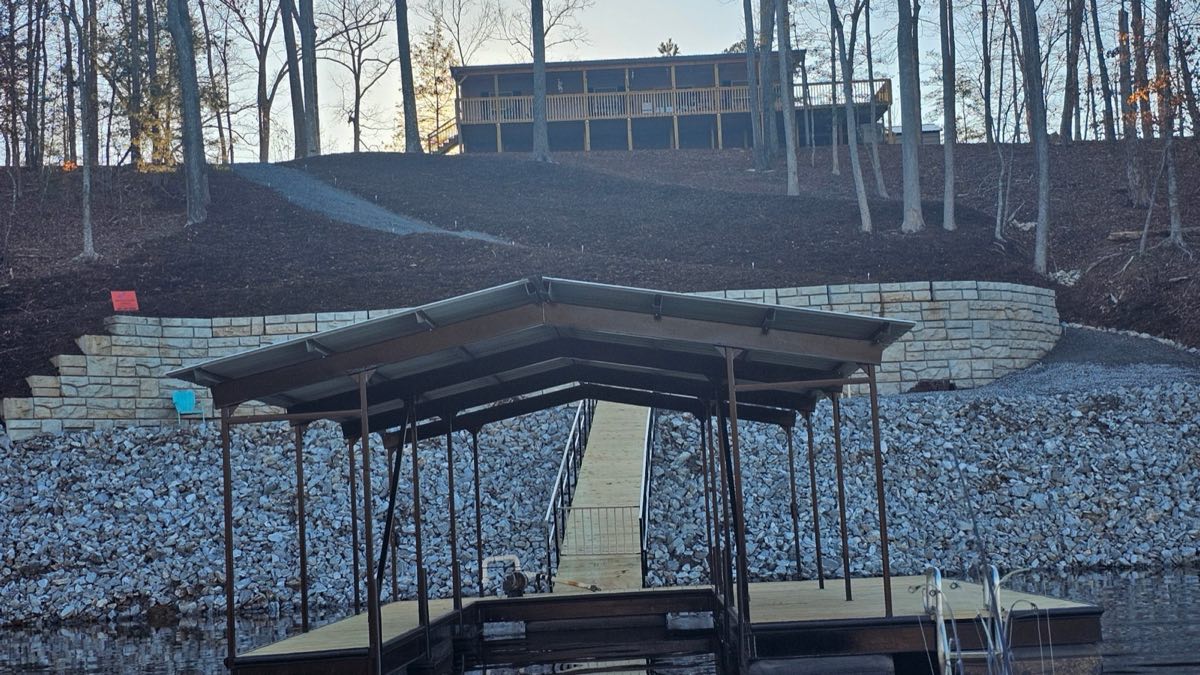 Stone retaining wall and boat dock on a Lake Keowee lakefront, SC